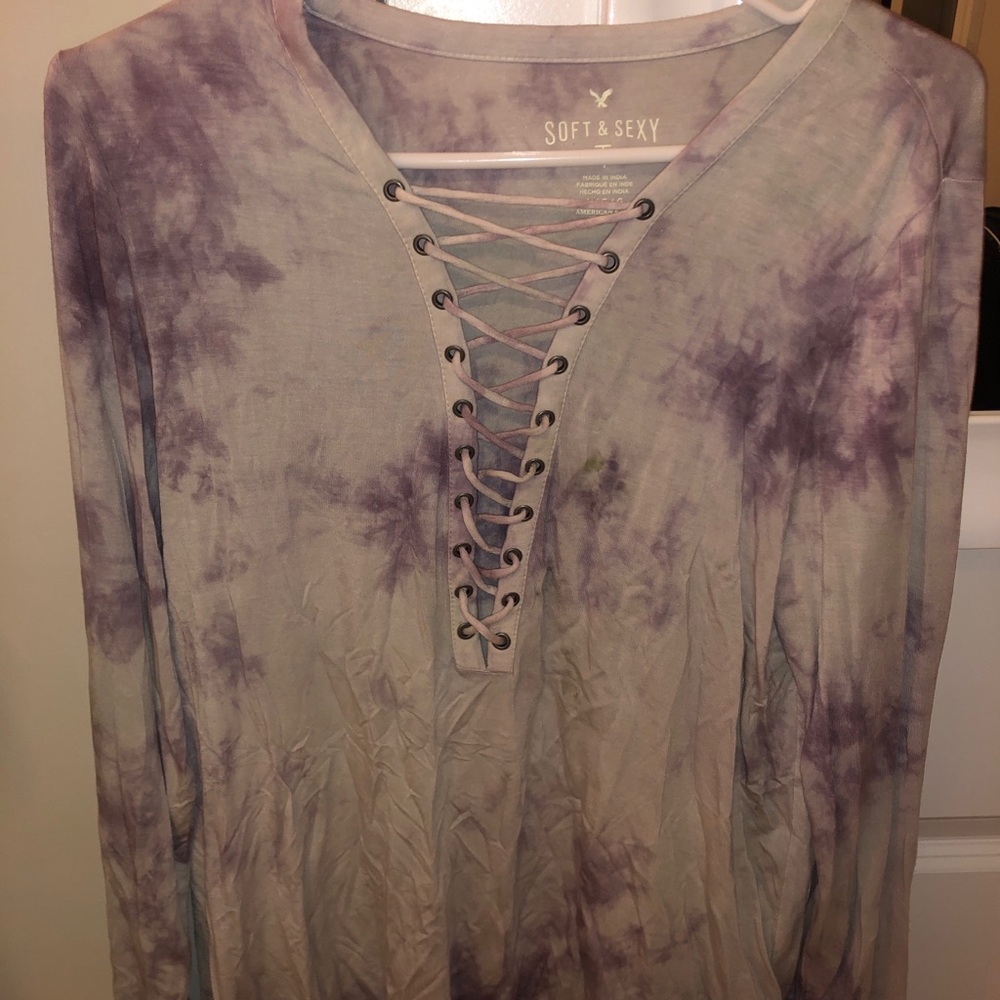 American Eagle Lace-Up Tie Dye Blouse.
